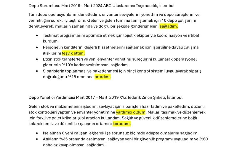 Depo Sorumlusu İçin ATS Uyumlu CV Örneği